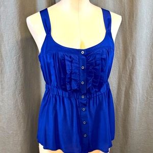 💥8/6 HOST PICK!!!Odille Cobalt Silk Empire Waist, Button Up Ruffle Front Tank